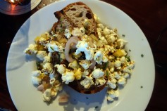 Whipped Bone Marrow on Toast, Capers, Shallot, Popcorn at the Monk´s Head