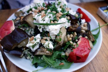Lentil and couscous salad with eggplant, tomato and goat cheese at La Cagette in Bordeaux